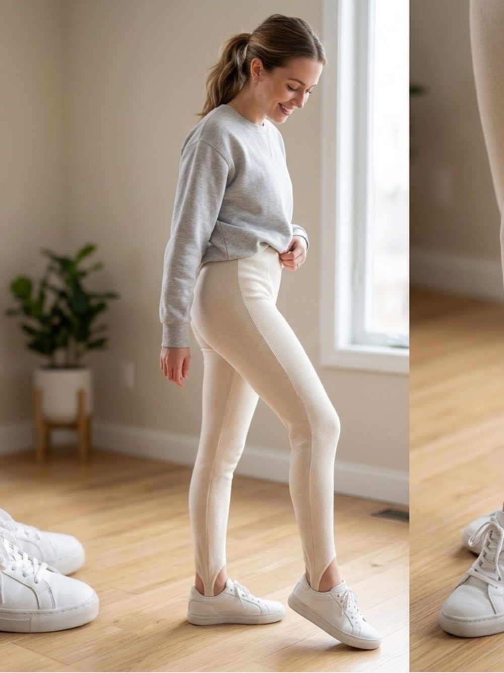 High-Rise Cream Ribbed Stirrup Leggings